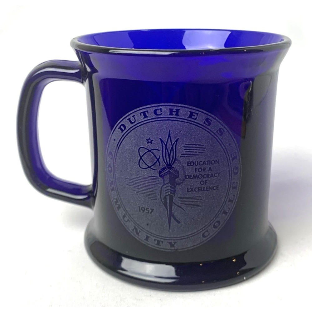 Dutchess Community College Mug Glass Cobalt Blue Etched New York